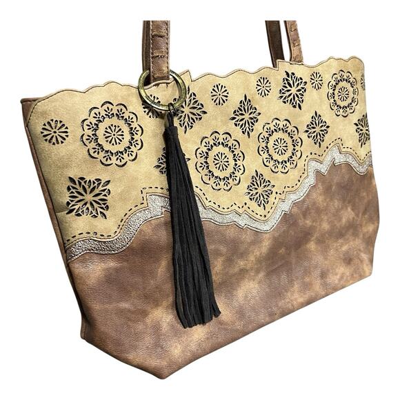 Catchfly Mandala Filigree Concealed Carry Handbag Shoulder Tote Boho Tassel Tan - Picture 1 of 16